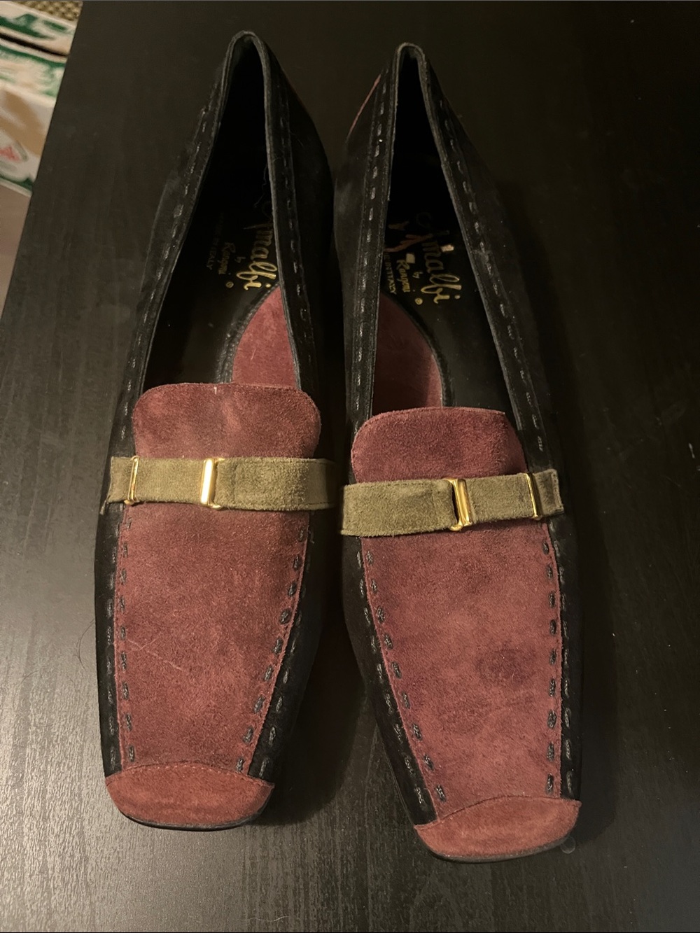 Rangoni Burgundy and Olive Suede Penny Loafers with Gold Accent